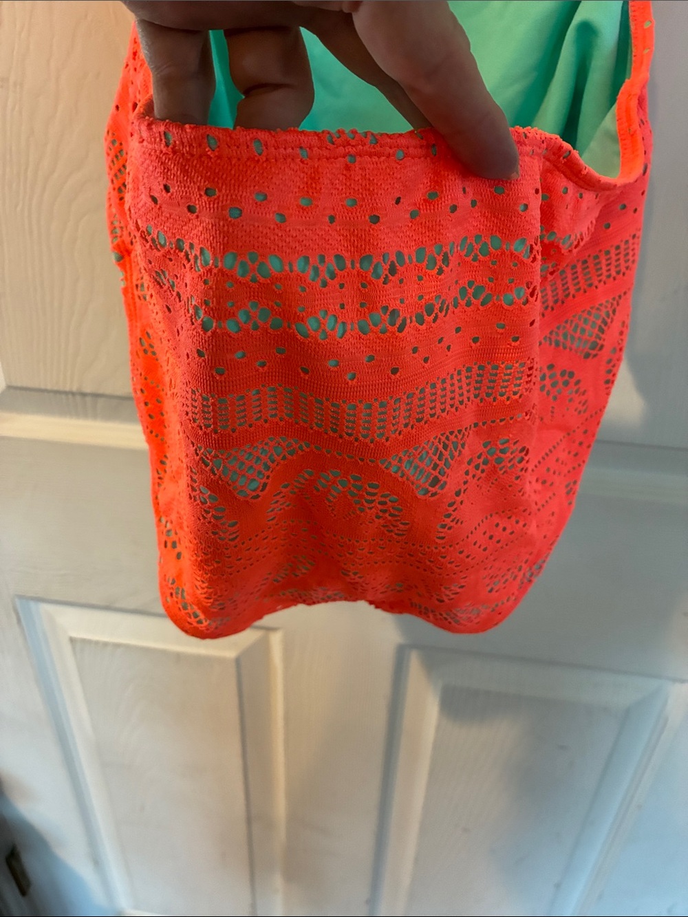 No Boundaries Size 11/13 Neon Coral Crochet One-Piece Swimsuit with Mint Trim - Picture 8 of 15